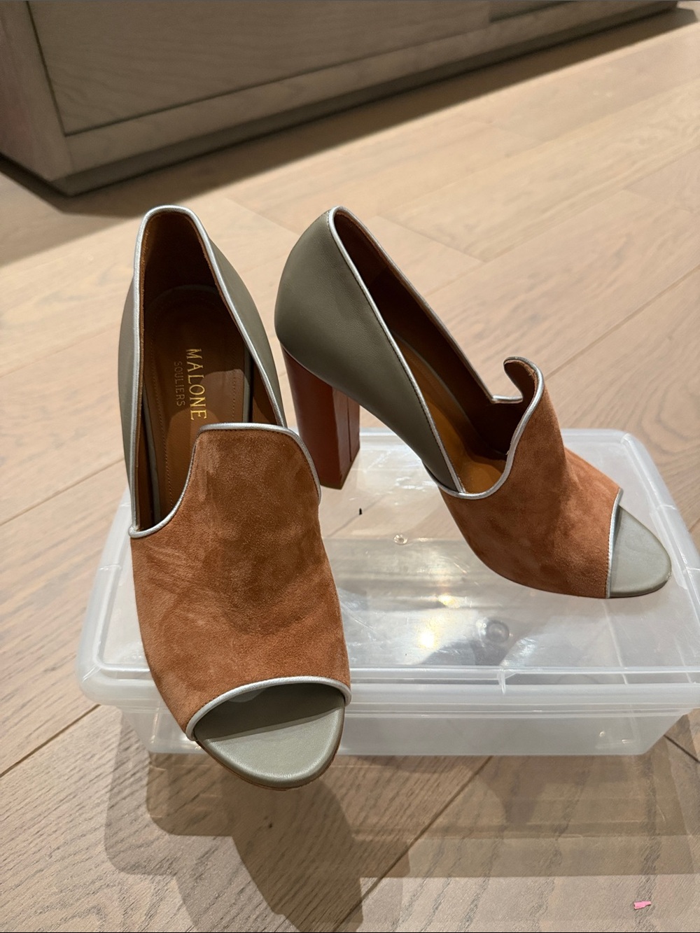 Malone Souliers Suede Two-Tone Peep-Toe Block Heel — Brown and Olive sz 40